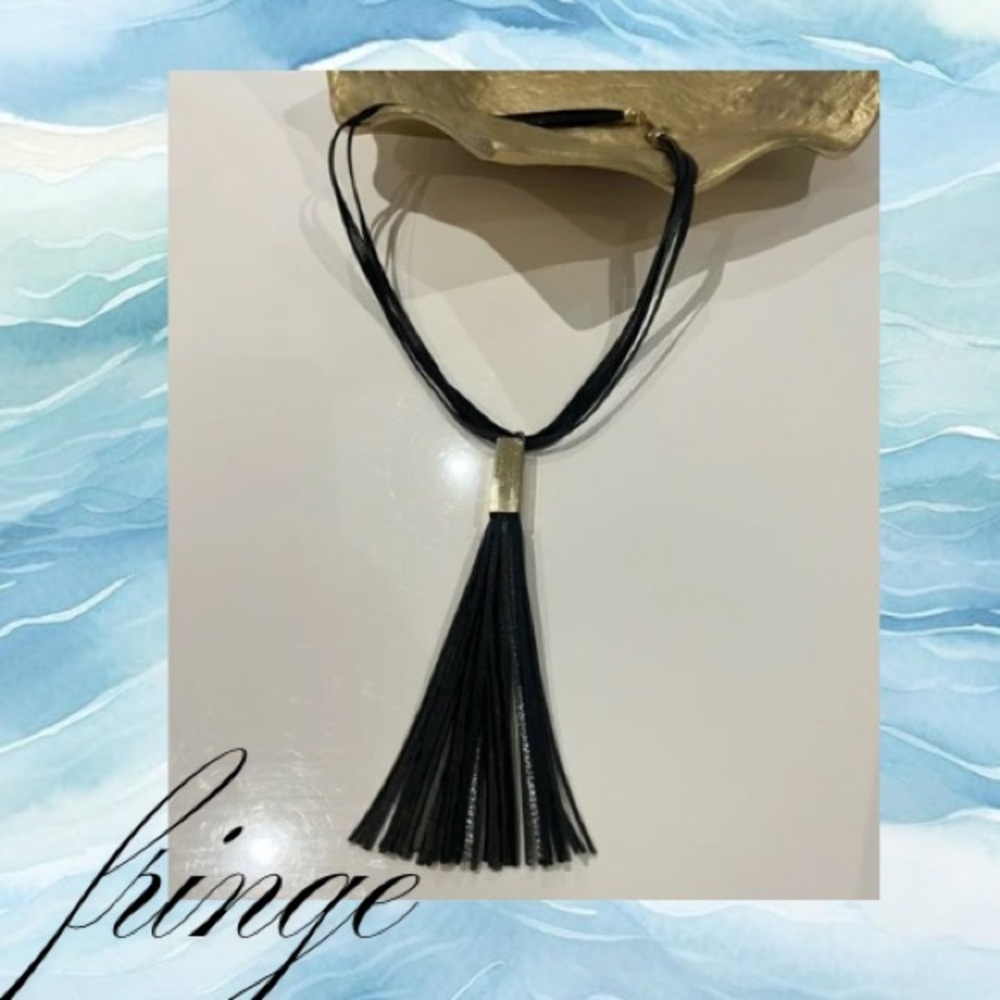 Vegan leather fringe black and gold necklace